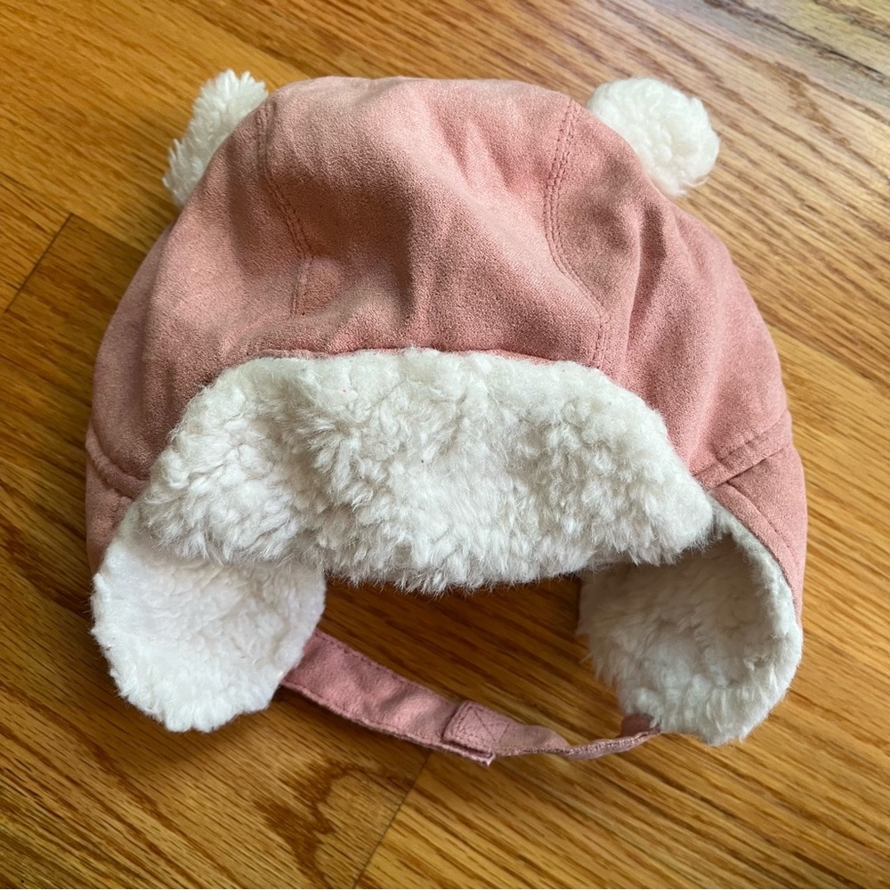 Old Navy pink Sherpa and faux suede flap winter hat size 18-24 months